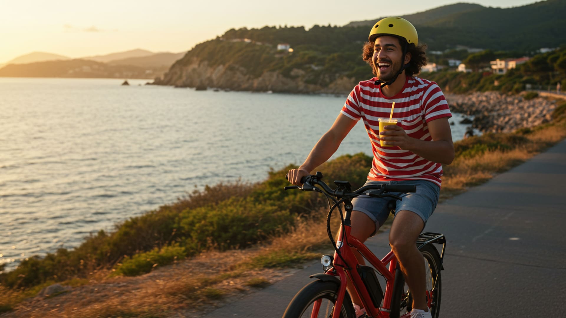 Smiling man riding a red electric bike along a coastal path at sunset while holding a drink