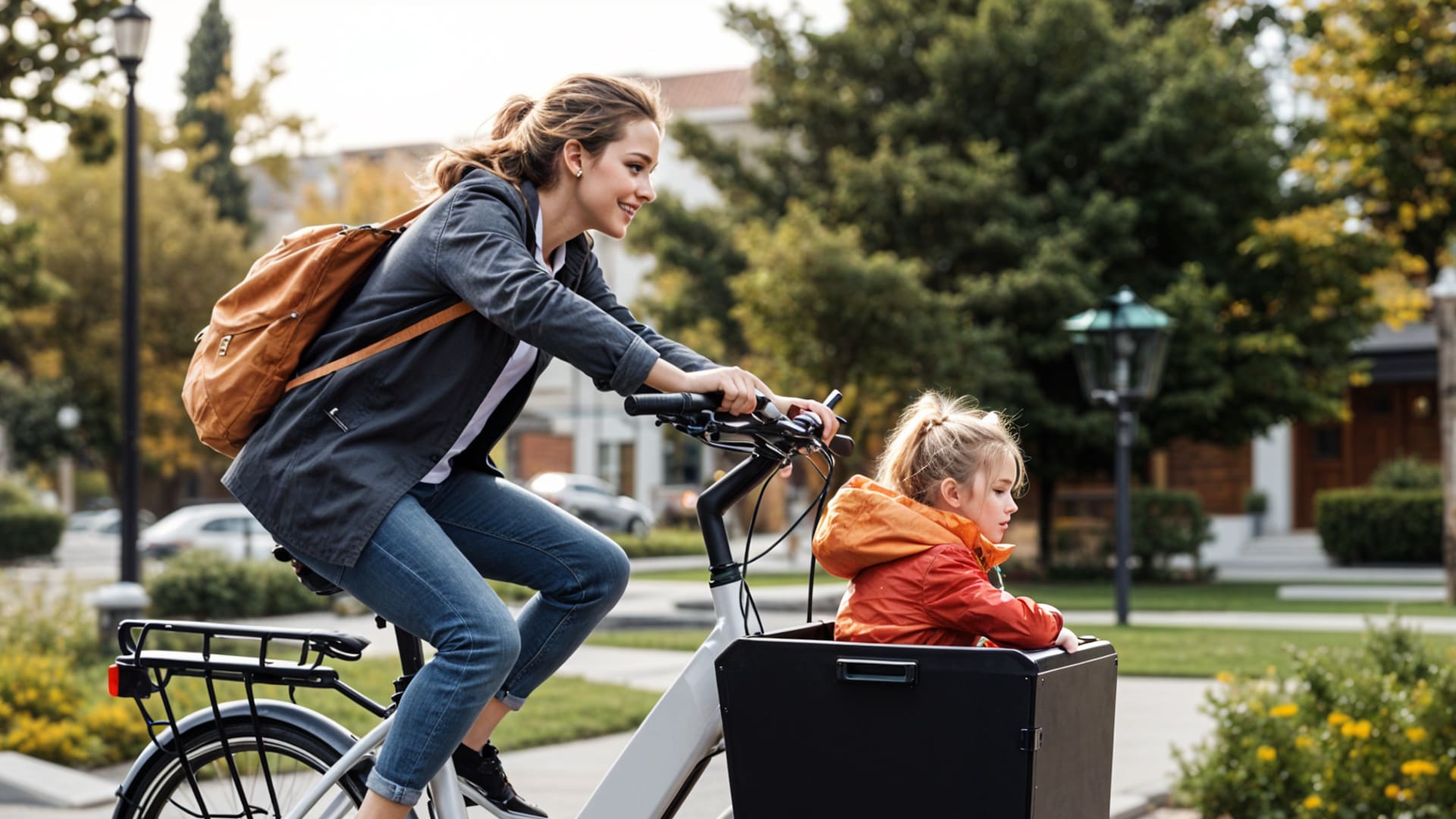 Woman riding an electric cargo bike with a young child seated in the front box on a suburban street