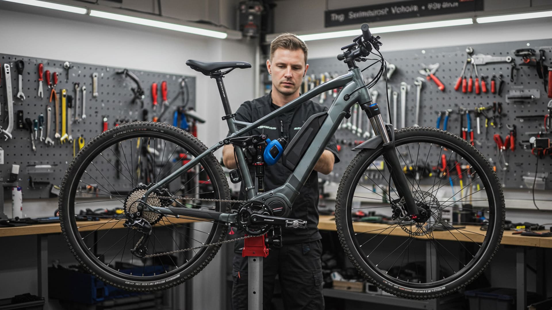 A bike mechanic in a clean, modern workshop performing a tune-up on a mid-drive electric bike