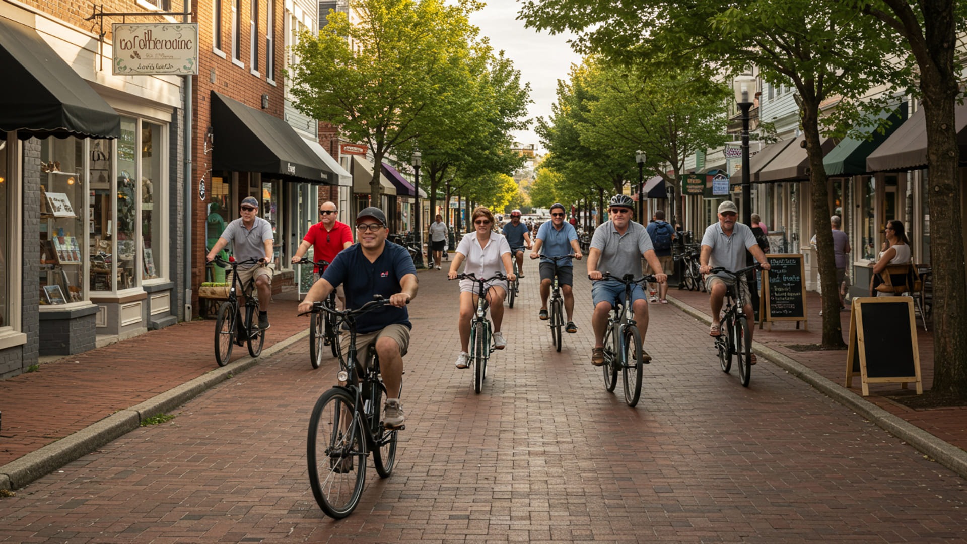 A group of people are riding e-bikes on a brick-paved street lined with shops and trees