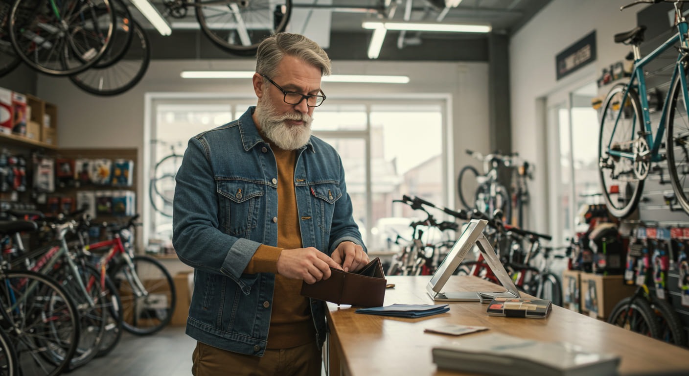 A man looking at his wallet while standing at a counter in a bicycle shop