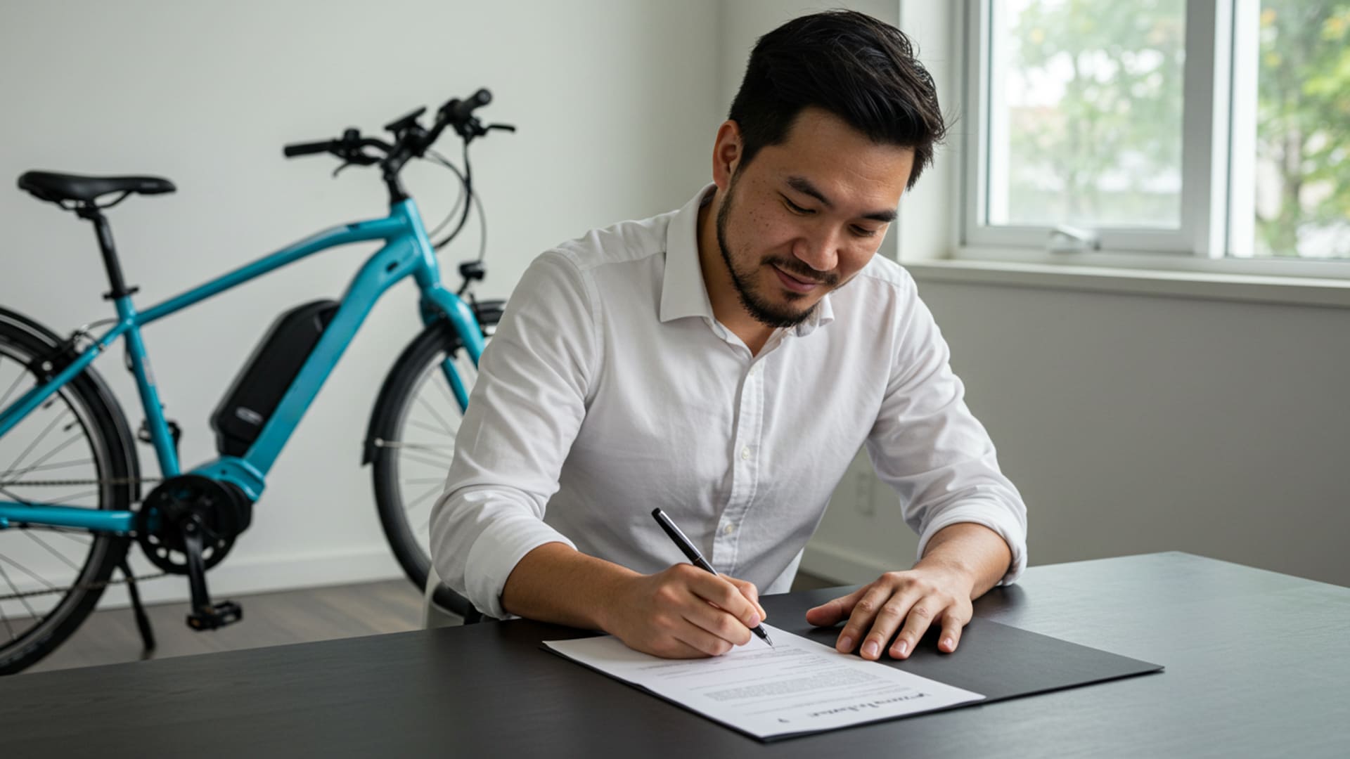 A man signing a contract. To his left, a bright blue e-bike is partially visible. The background is a plain white wall with a window letting in natural light