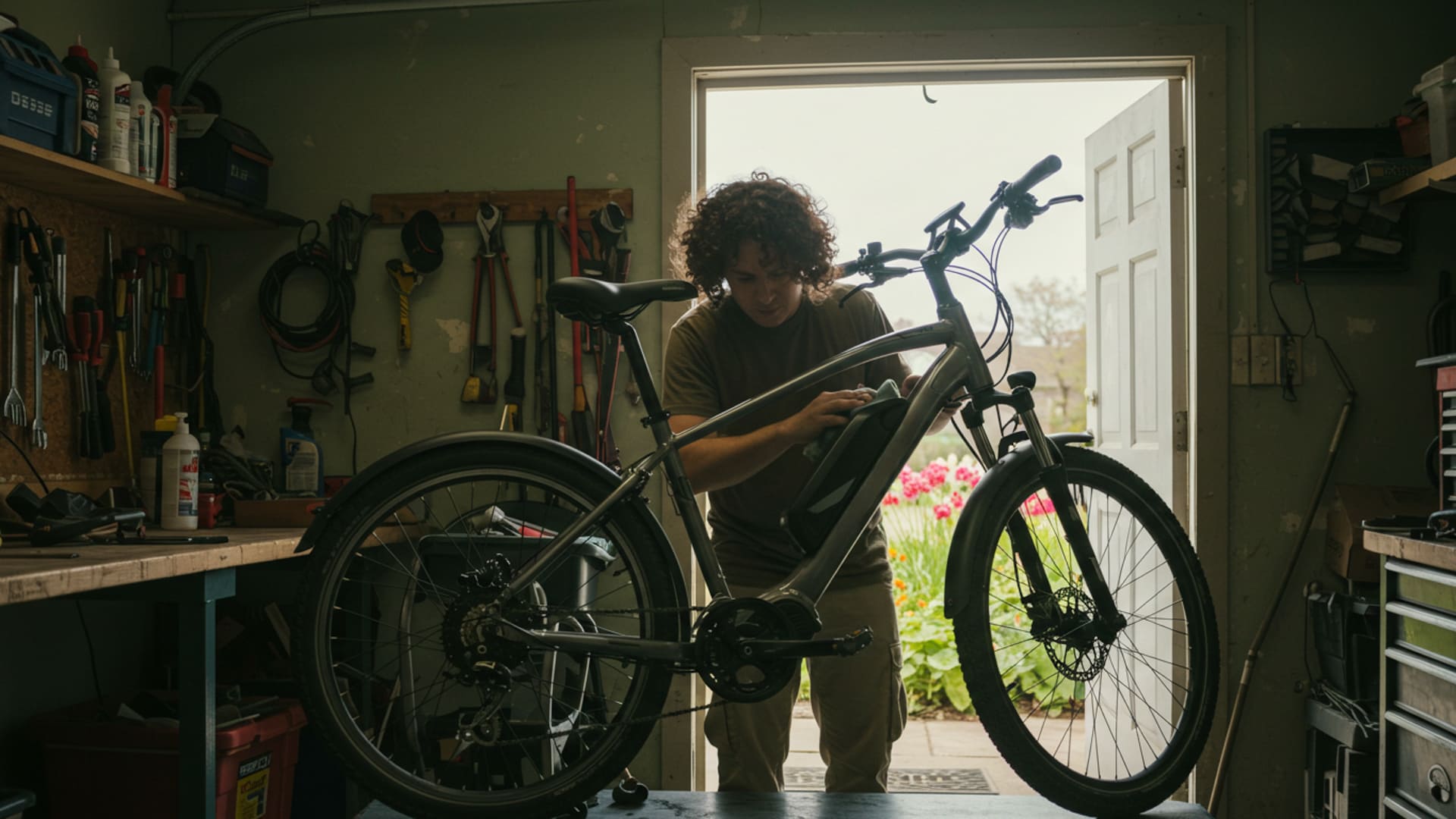 A person carefully inspecting and cleaning an e-bike in a garage or shed, with spring flowers visible outside the open door