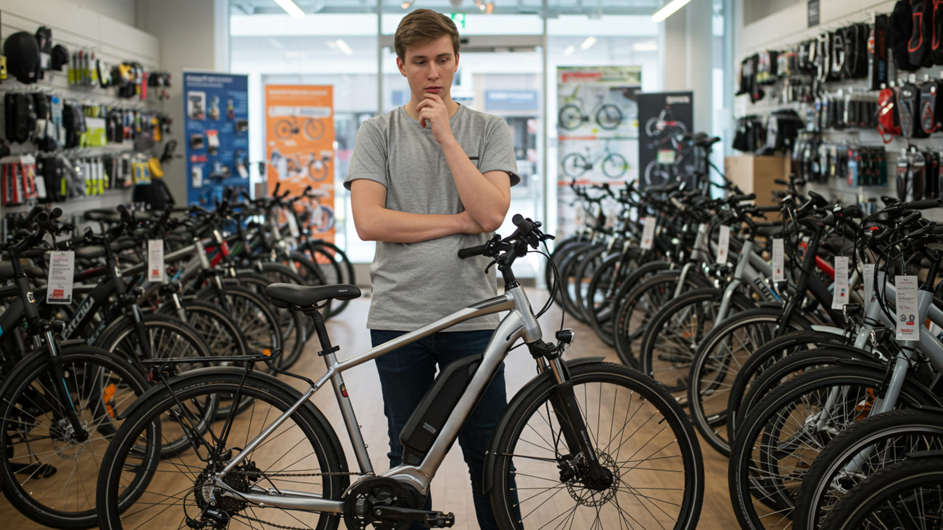 A young man in a gray t-shirt stands thoughtfully in a bike shop, surrounded by rows of electric bikes, evaluating a silver e-bike in front of him