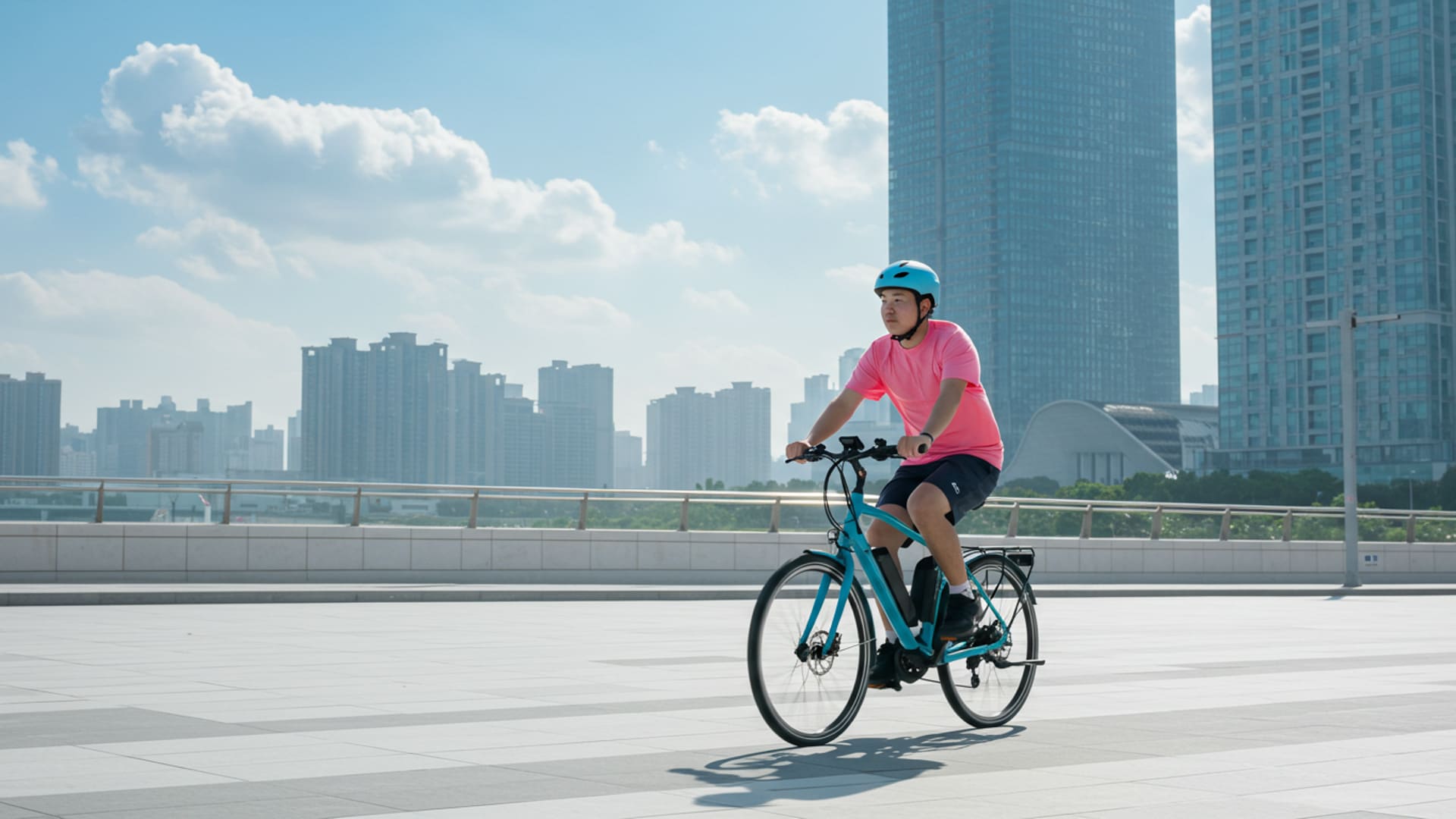 An e-bike rider commuting through a clean, modern city with clear skies, contrasting with a faint image of smog in the background