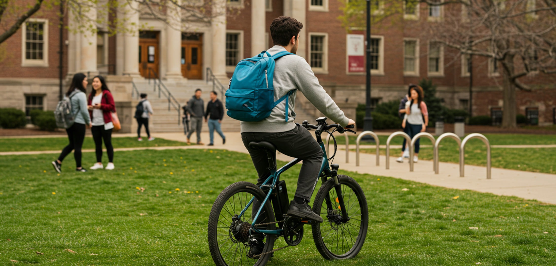 College student riding an electric bike across a green university campus, wearing a backpack, with other students in the background and a bike rack nearby