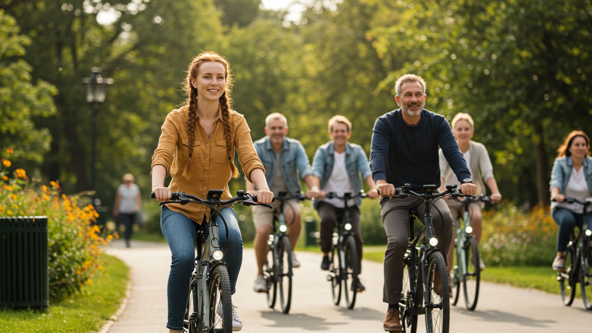 Diverse group of adults riding e-bikes through a city park on a sunny day, smiling and relaxed