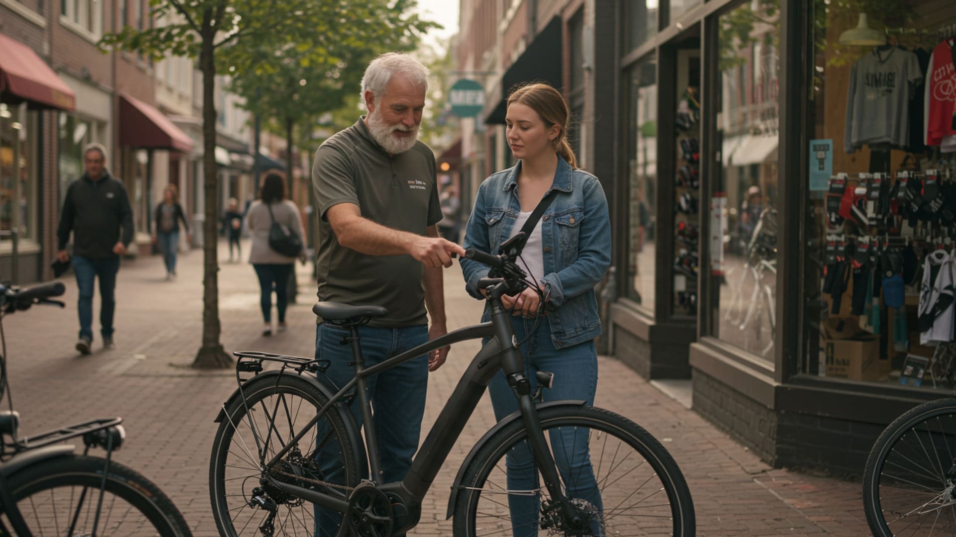 Local bike shop owner assisting a customer with an electric bike in a vibrant downtown area, with pedestrians, small shops, and a few parked e-bikes nearby
