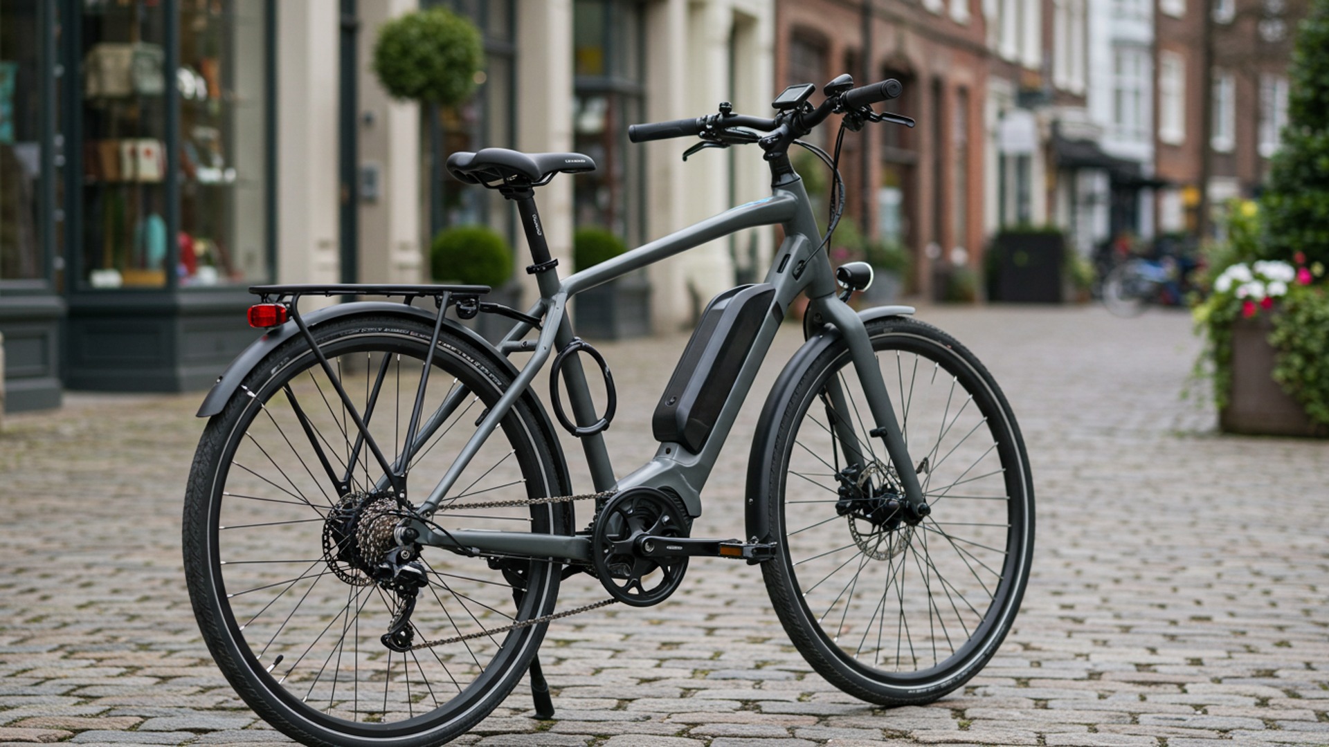 Modern e-bike parked on a city street, equipped with high-tech accessories like a smart lock, radar tail light, and handlebar display
