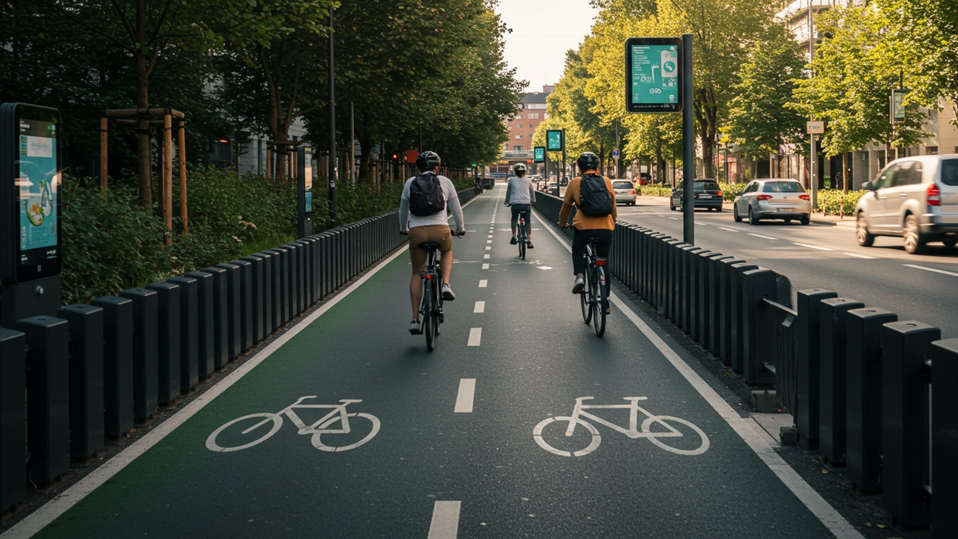 Modern urban bike lane with e-bike riders commuting alongside city traffic, surrounded by greenery, protected barriers, and smart signage