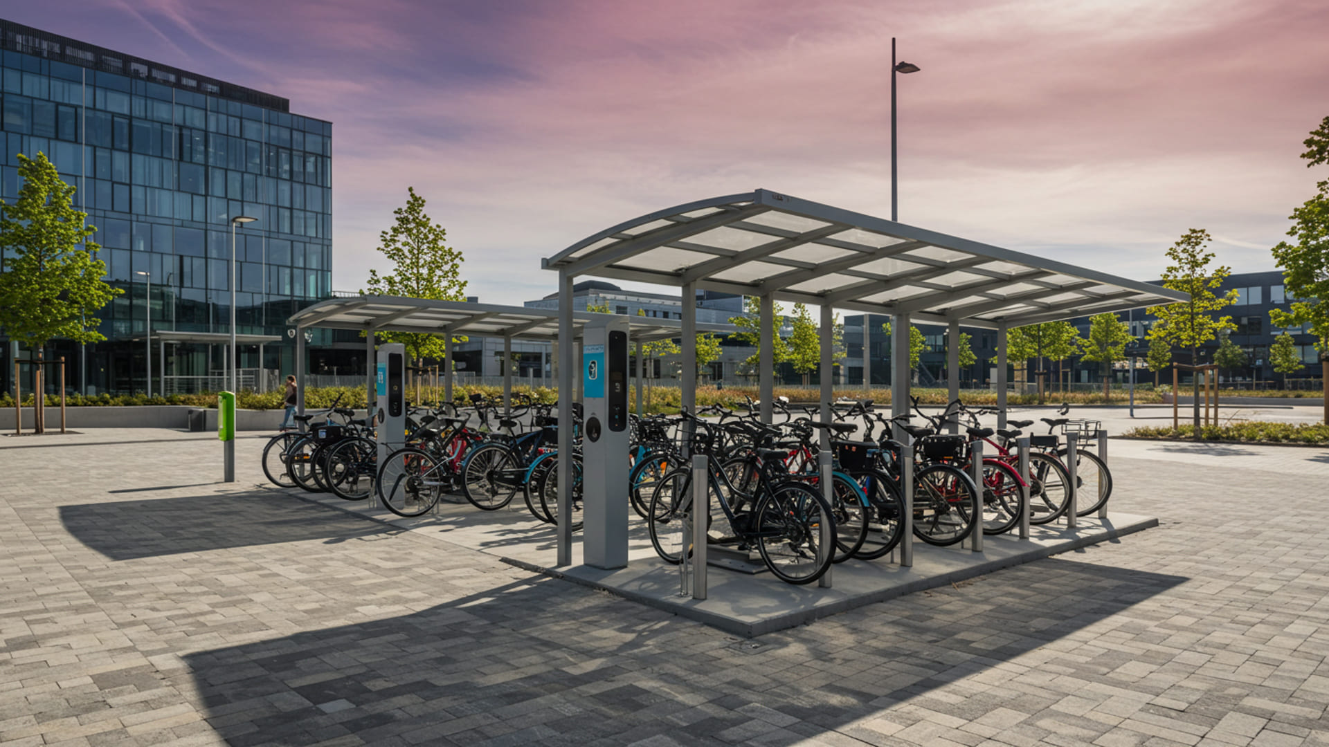 Modern urban bike parking station with covered racks and e-bikes securely parked, some with charging ports, in front of an office building or transit hub on a clear day.