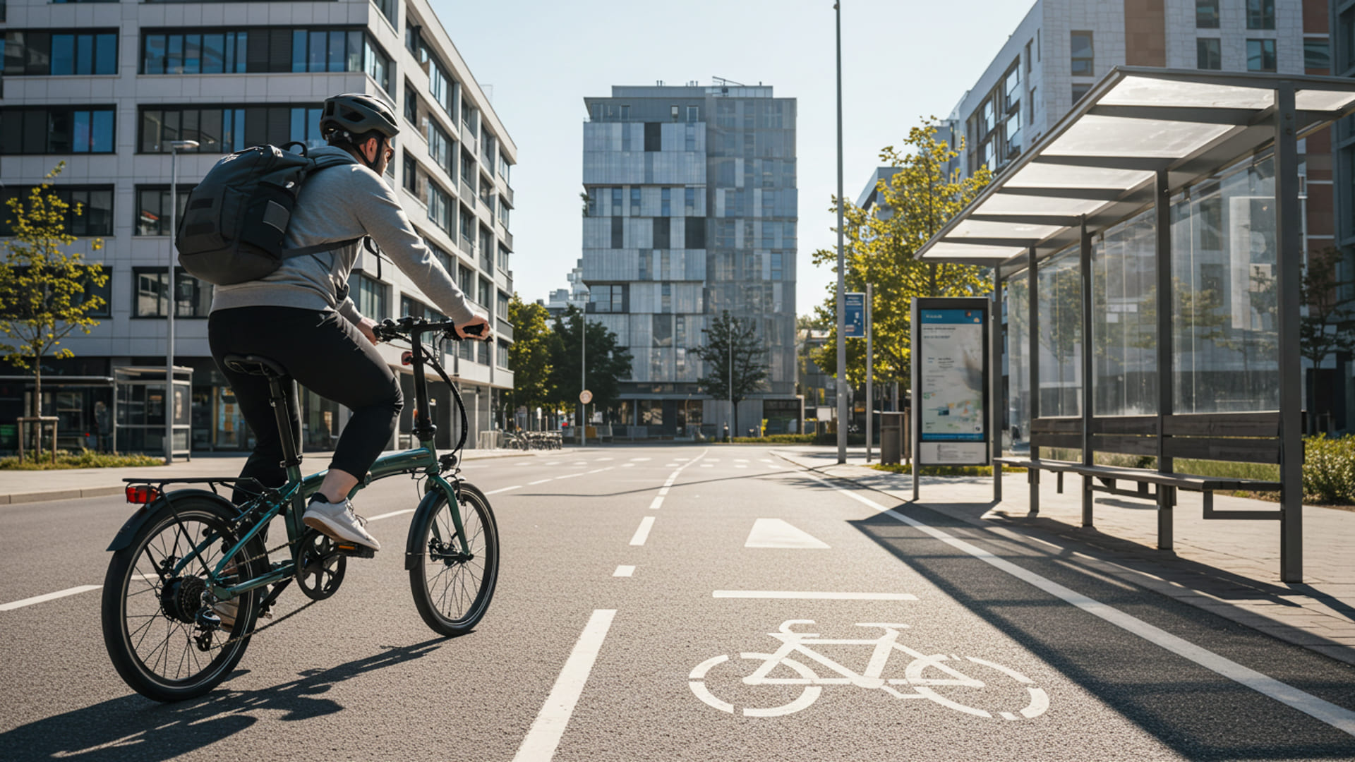 Urban commuter riding a compact foldable e-bike next to a city bus stop, with modern city buildings, bike lane markings, and a sunny clear sky
