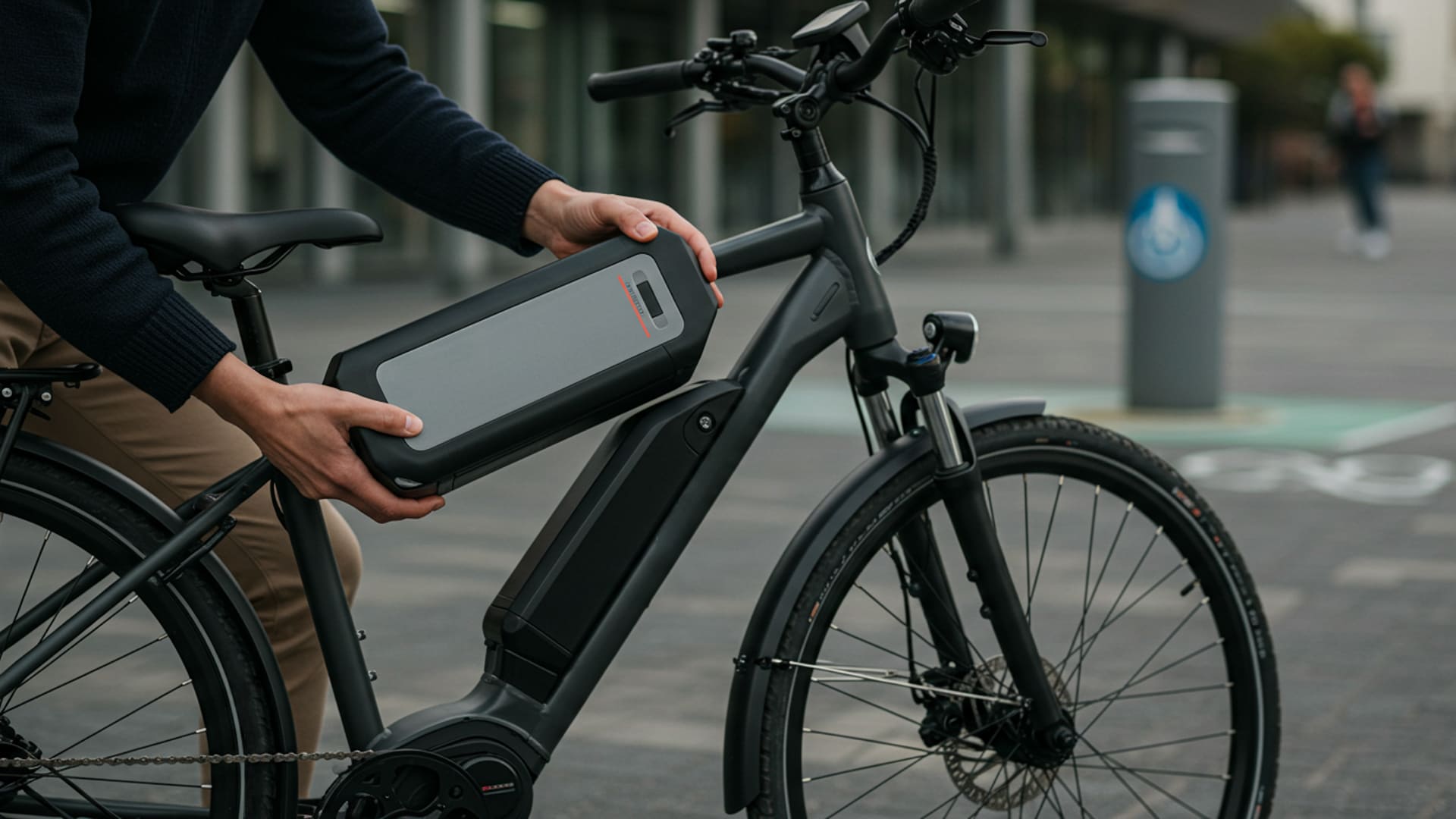 Electric bike parked in a modern urban setting, with the rider gently holding a large e-bike battery in their hands